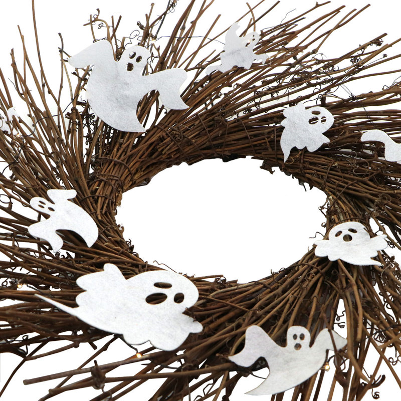 Haunted Hill Farm 20-In. Battery-Operated Natural Twig Wreath with LED Lights and Spooky Ghosts