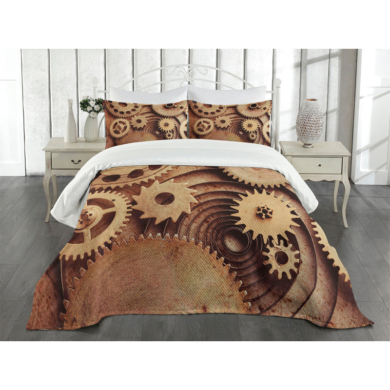 Ambesonne Industrial Bedspread Set Clocks Gears Cinnamon, King Bedspread + 2 Standard Shams