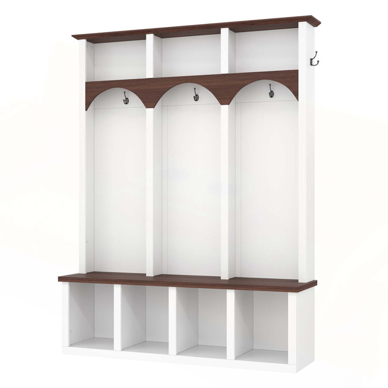 Farmhouse Wooden Style Hall Tree with Arched Design, Practical Entryway Walnut Storage Bench, 5 Hooks and 7 Cubbies for Mudroom, Living Room, White