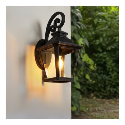 Ensemble de lanternes murales d'extérieur 21 po (H) 21 po - Applique murale rétro en métal noir et verre transparent avec volutes décoratives pour éclairage de porche, de patio et de jardin (ampoule non incluse)