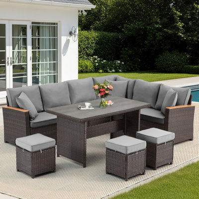 7 Piece Patio Furniture Set, Outdoor Sectional Couch With Dining Table & 3 Ottomans, Pe Rattan Outdoor Furniture Set For Garden Poolside Backyard