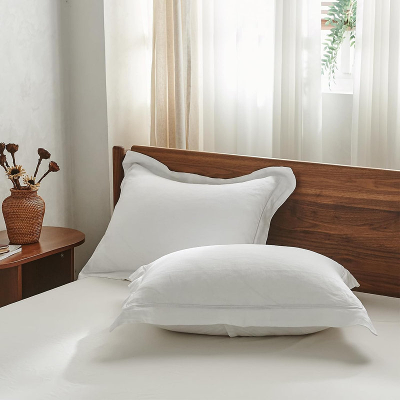 Ensemble de 2 taies d'oreiller 100% lin 100% lin français brodé, Taies d'oreiller pour grand lit, Blanc