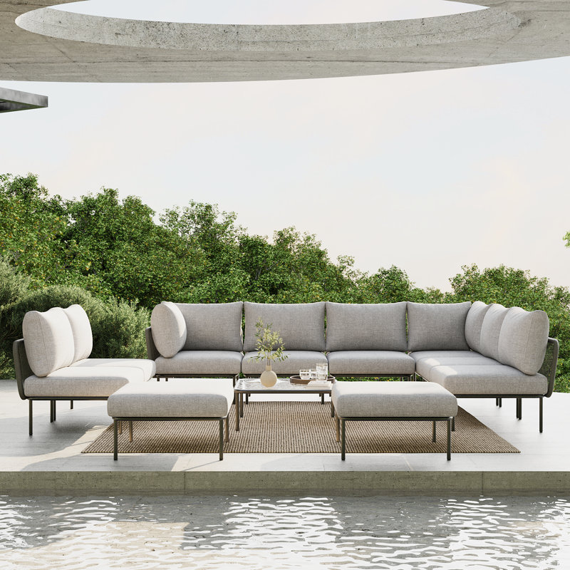 Latitude Run® 11 Pieces Aluminum Patio Furniture Set, Modern Modular Sectional Sofa with Coffee Table and Upgrade Thickness Cushion