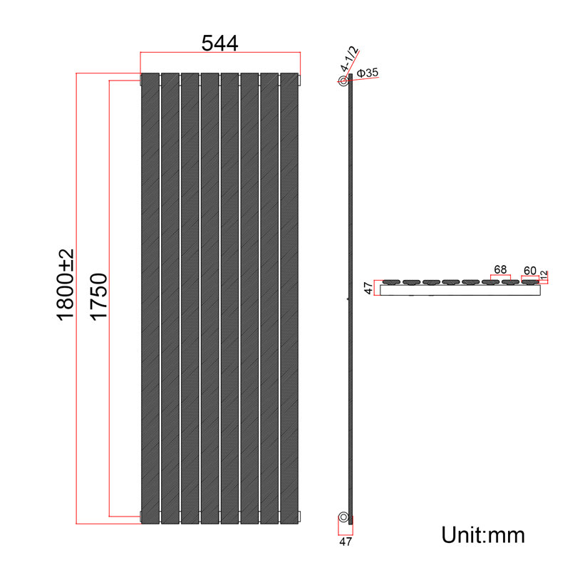 Camaran Vertical Designer Radiator, 180cm H x 54cm W x 4.7cm D