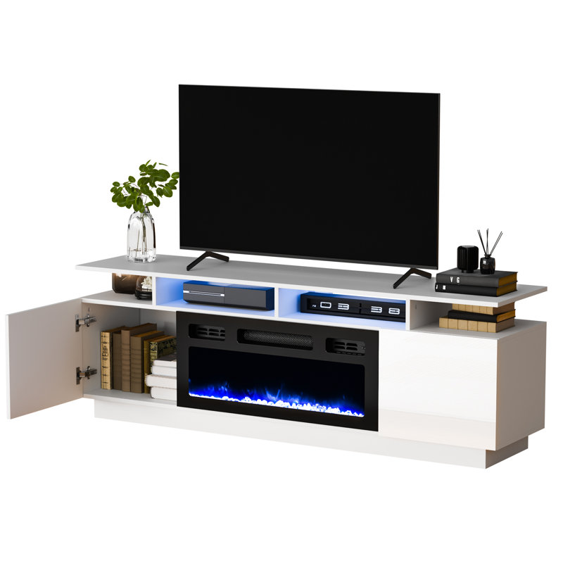 Kymberlyn High Gloss Fireplace TV Stand For 75" TV with Charging Station, White