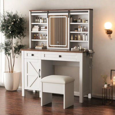 Makeup Vanity Set With Lighted Mirror And Stool