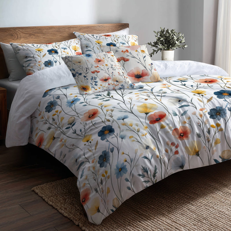Ensemble de literie à motif floral 5 pièces - Ensemble de housse de couette et de coussin rouge Boho Meadow Flowers