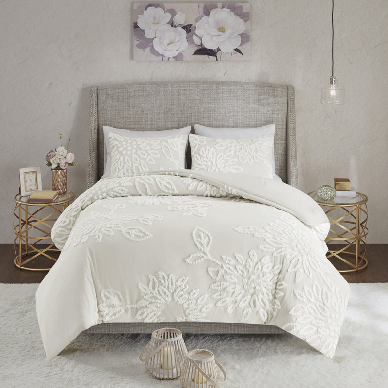 3 pièces d'édredon en chenille double / grand, coton floral, 2 taies décoratives, lavable à la machine, chenille florale froissée, coton, lavable