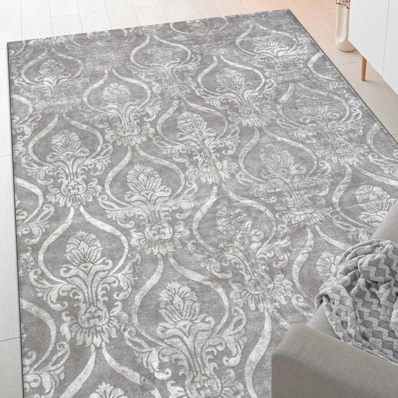 Himalayan Art Damask Area Rug in Silver