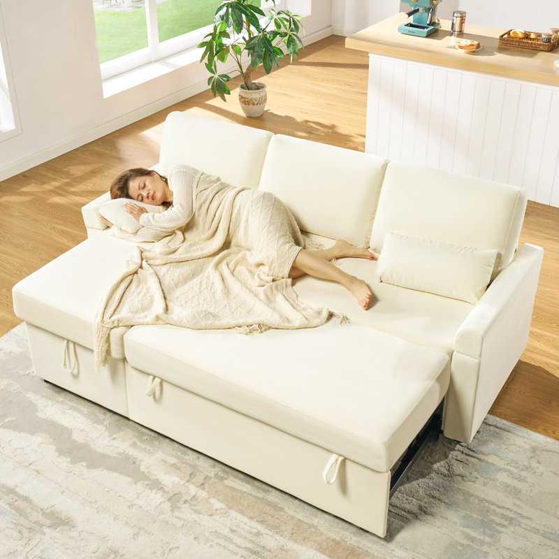 Jilisa 91" Modern 3-Seater Pull Out Sofa Bed - L Shaped Sofa Couch with Storage Chaise, Beige Chenile