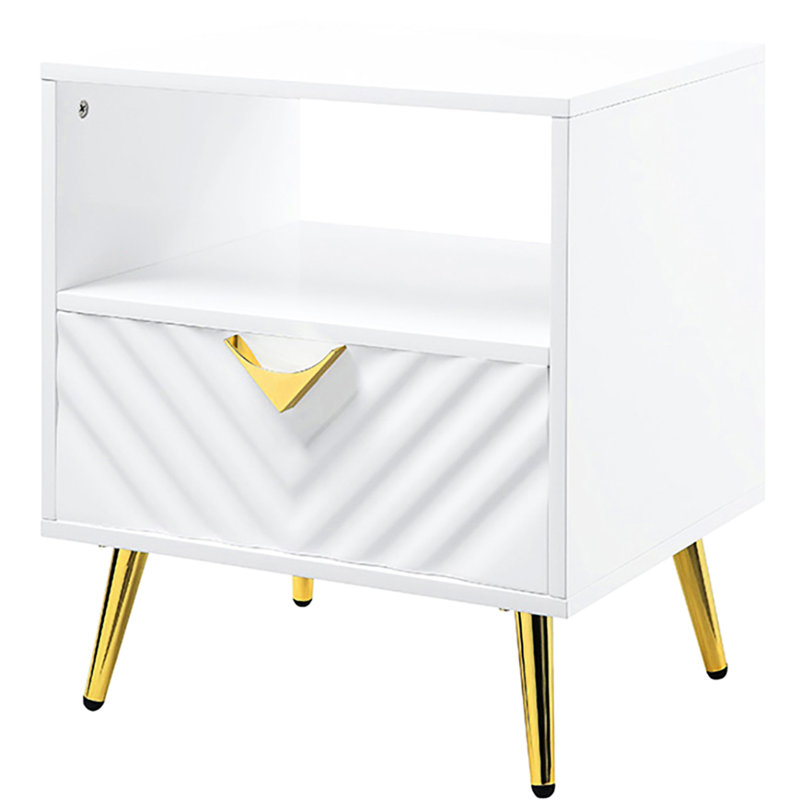 Table de bout moderne avec tablette et tiroir - Présentoir de rangement esthétique ultrabrillant blanc