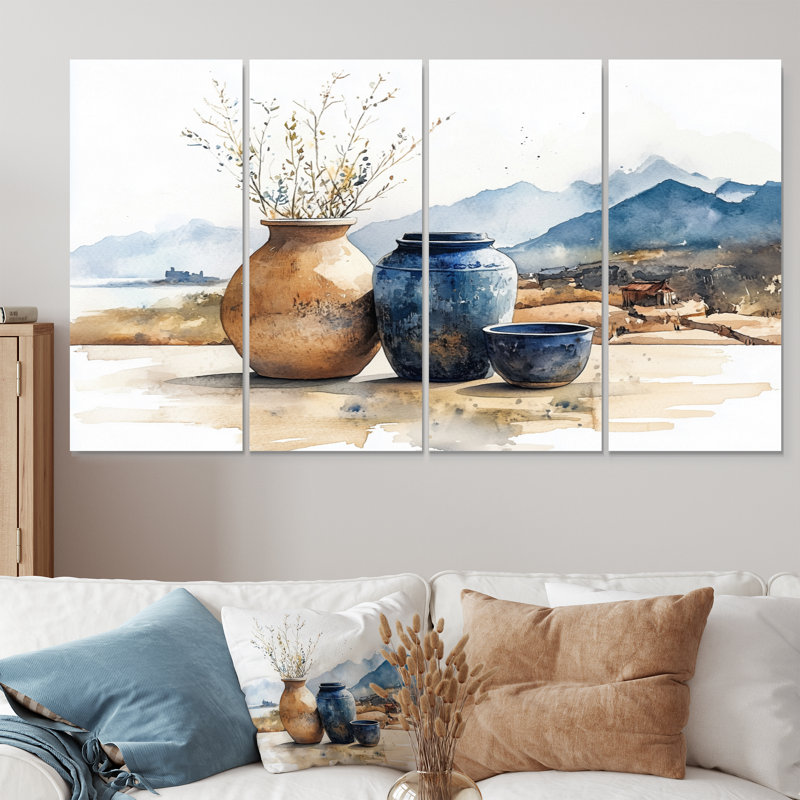 «Blue China and Orange China Pottery Serenity III - Boho Pottery», ensemble d'art sur toile, H 28 po x l 48 po