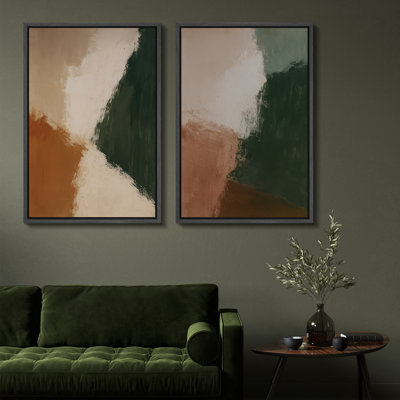 Earth Tone Abstract Color Shapes Duo Contemporary Modern Design – Pictures Framed Canvas Print 2 Pieces Wall Art
