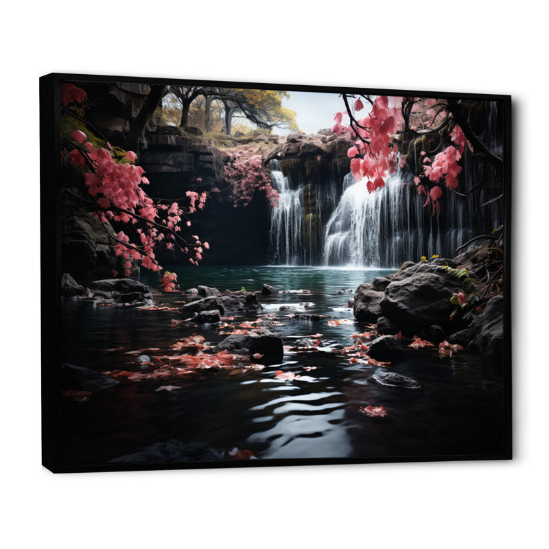 «Peach Tree Waterfall Natures Elegance II», reproduction sur toile, Cadre flottant noir, H 16 po x l 32 po x P 1 po
