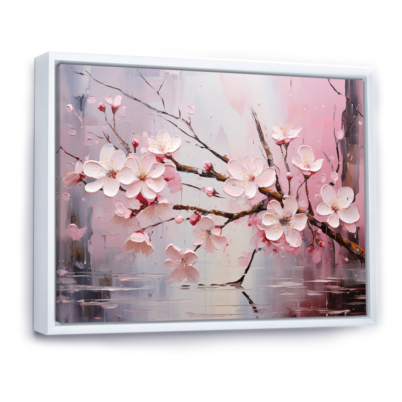 Cerisier blanc et rose Bloom I - art mural cerise, Cadre flottant blanc, H 30 po x l 40 po x P 1,5 po