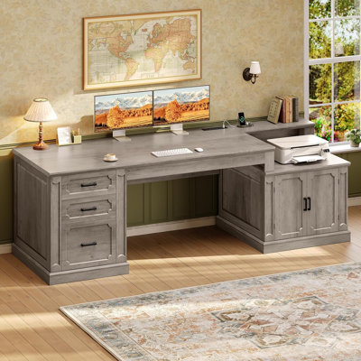  Elja Farmhouse 70.9" Executive Desk, Home Office Desk with File Drawers gray