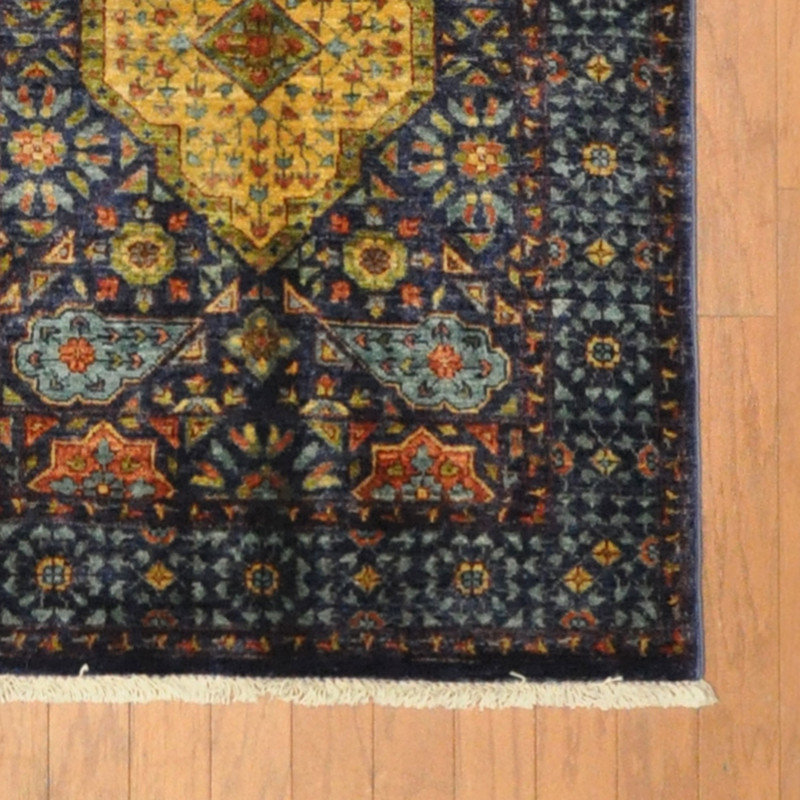 Tapis de couloir bleu marine en laine noué à la main de conception unique 2 pi 10 po x 9 pi 5 po New Age