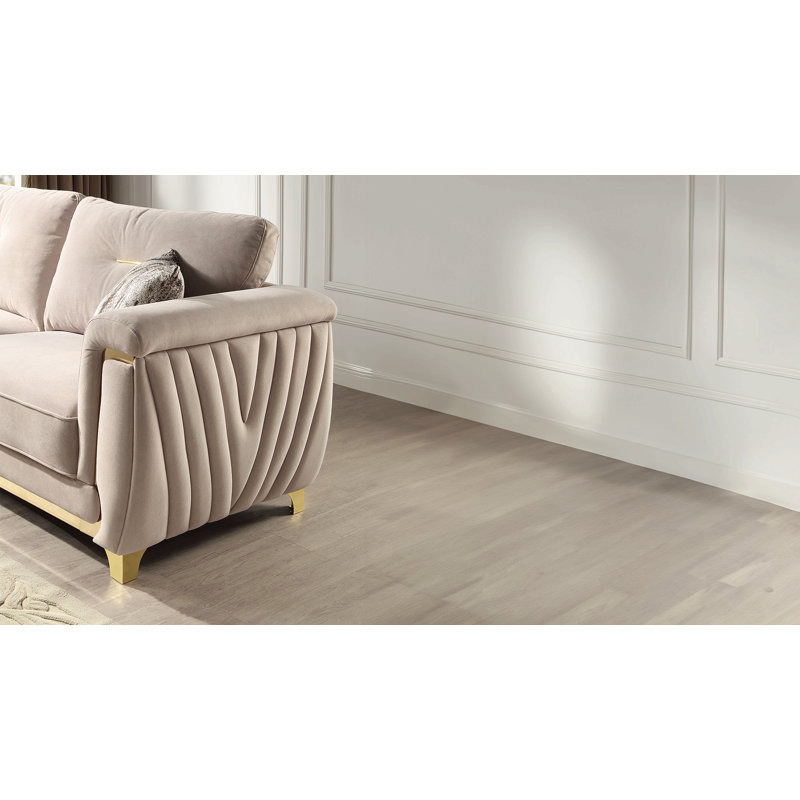 Causeuse rembourrée de style contemporain en bois avec accents dorés et beige
