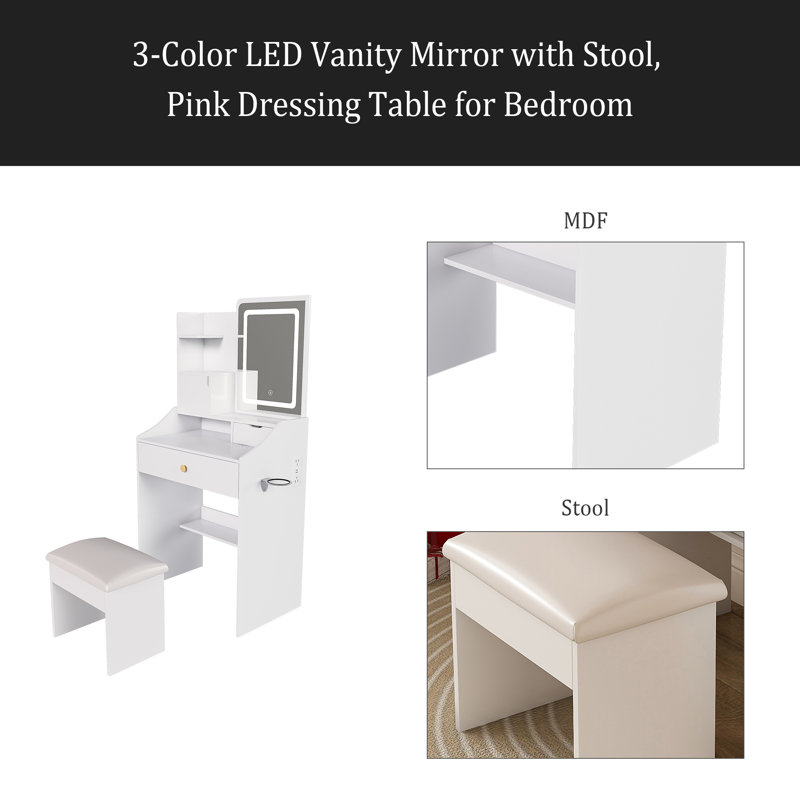 3-Color LED Vanity Mirror With Stool, Dressing Table For Bedroom, 2 Drawers & 5 Storage Cabinets (4 Open + 1 Hidden), Adjustable Lighting