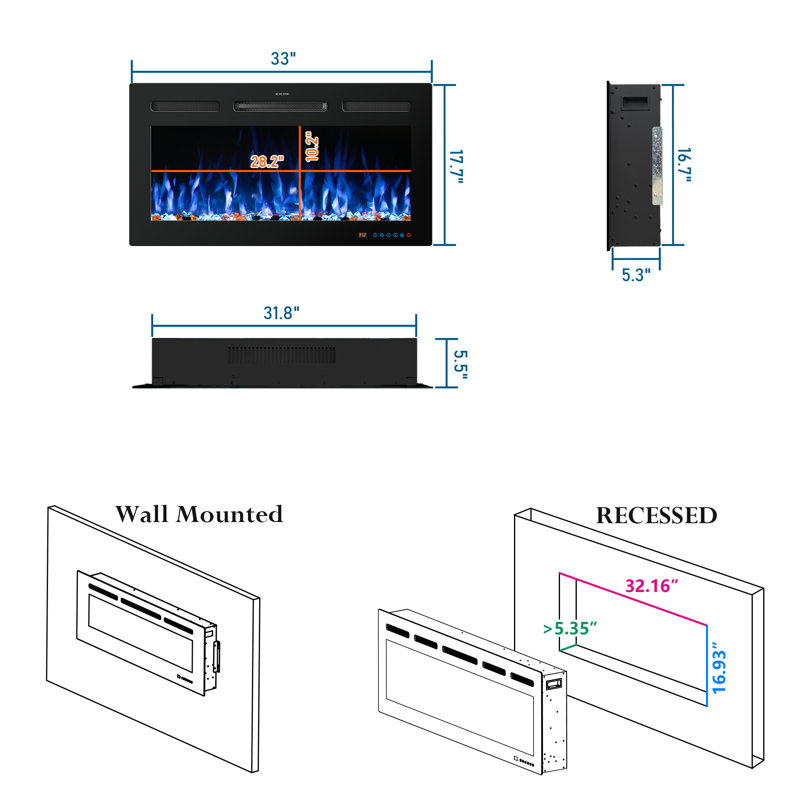 Cassella Black Electric Fireplace with 5120 BTU, 17.7"H x 33"W x 5.3"D
