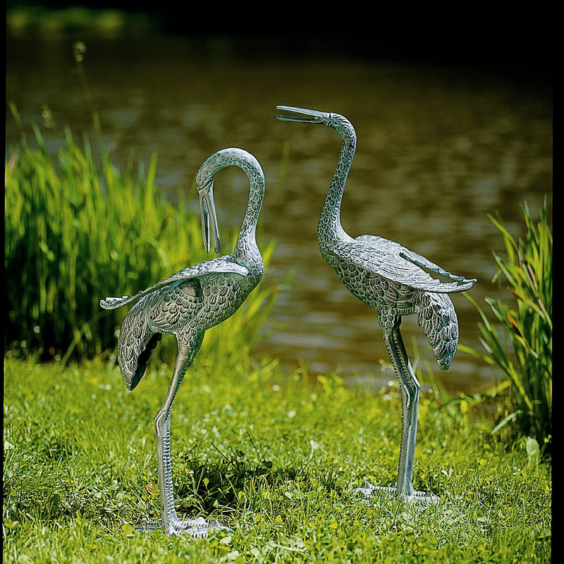 Antique Verdi Aluminum Preening Crane Pair Garden Statues