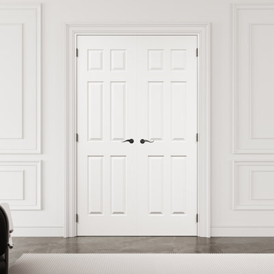 Porte française intérieure moulée à 6 panneaux 48 po x 80 po avec quincaillerie noire et loquet de porte