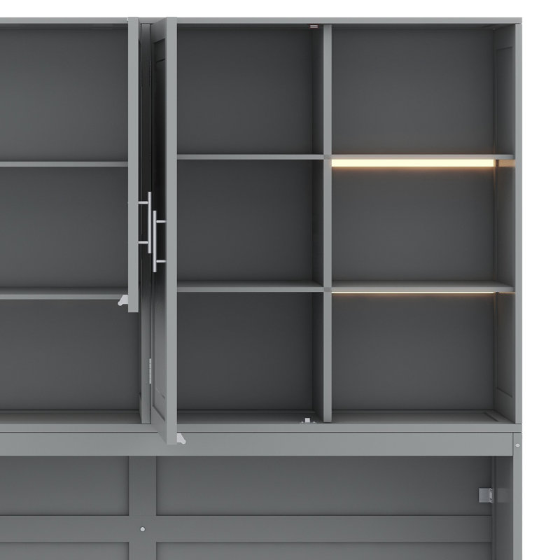 Lit escamotable avec armoire supérieure, tablettes, lit pliable peu encombrant avec éclairage et port USB, Gris
