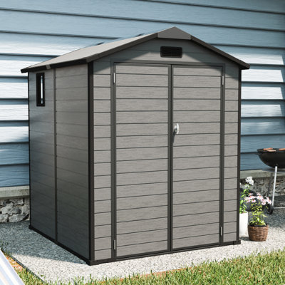 Solution de rangement d'extérieur gris foncé de 6 pi x 6 pi - Remise en plastique verrouillable avec fenêtre et plancher, convient aux articles de jardin, aux panneaux renforcés en métal de construction robuste, à la circulation des évents, facile