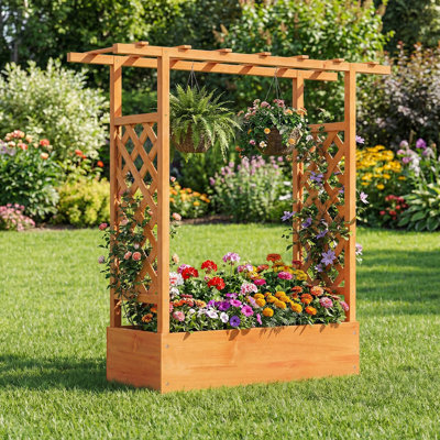 1 PCS Wooden Raised Garden Bed with Trellis & Hanging Roof, Drainage Holes for Plants