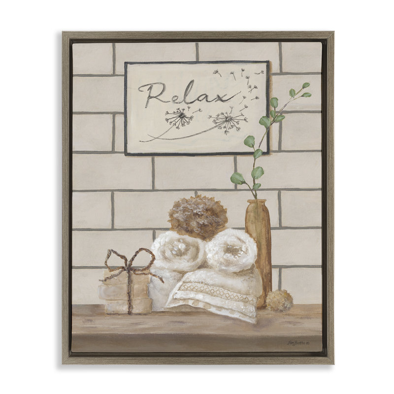 «Relax Bathroom Scene», art mural encadré gris sur toile flottante par Pam Britton, Cadre flottant orme Montalcino