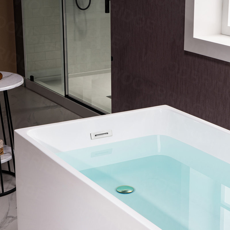 59" x 29" Freestanding Soaking Acrylic Rectangular Bathtub with Reversible Drain, White/Chrome