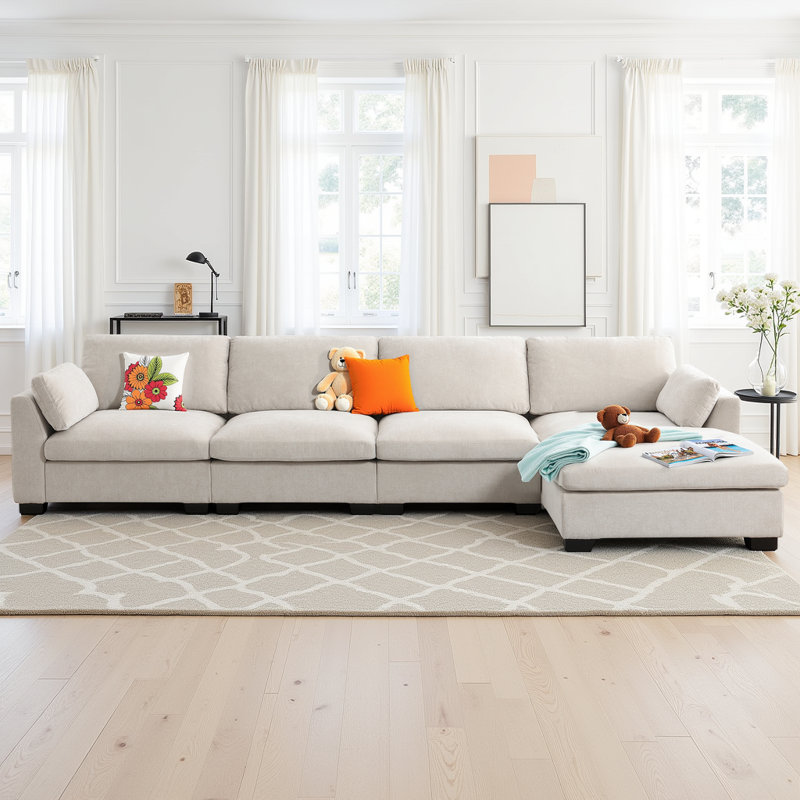 130" Modular L-Shape Sectional Sofa - Chenille Fabric with Folding Table, Dual Charging Ports & Storage Pockets, 330 lb Capacity