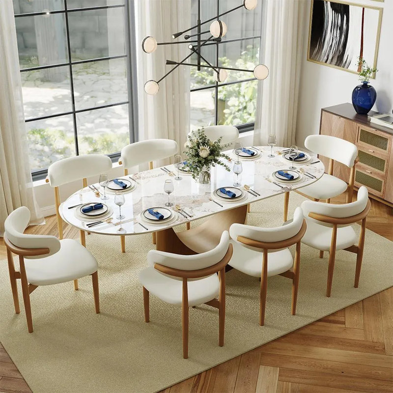 Mid-Century Modern Wood Dining Chairs, Upholstered Wood Dining Chair Side Chair, Fully Assembled, 6, Light Walnut