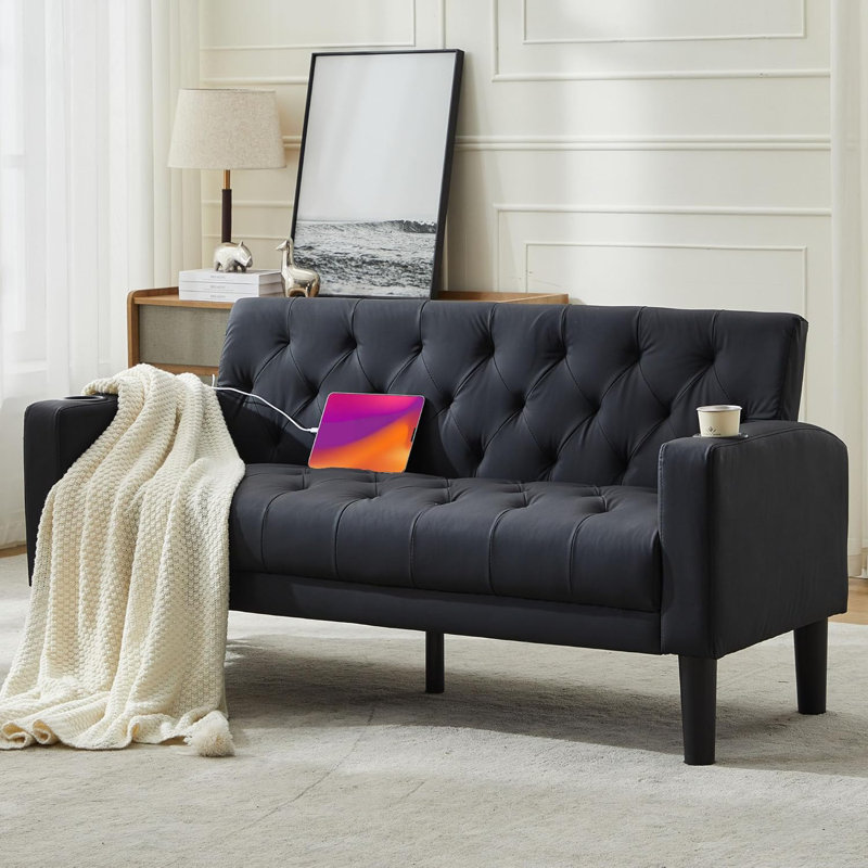Sofa Seats Modern Style Comfy Small Sofa with Pocket Storage 2 USB 2 Cup Holders Upholstered Couch for Living Room Bedroom Office