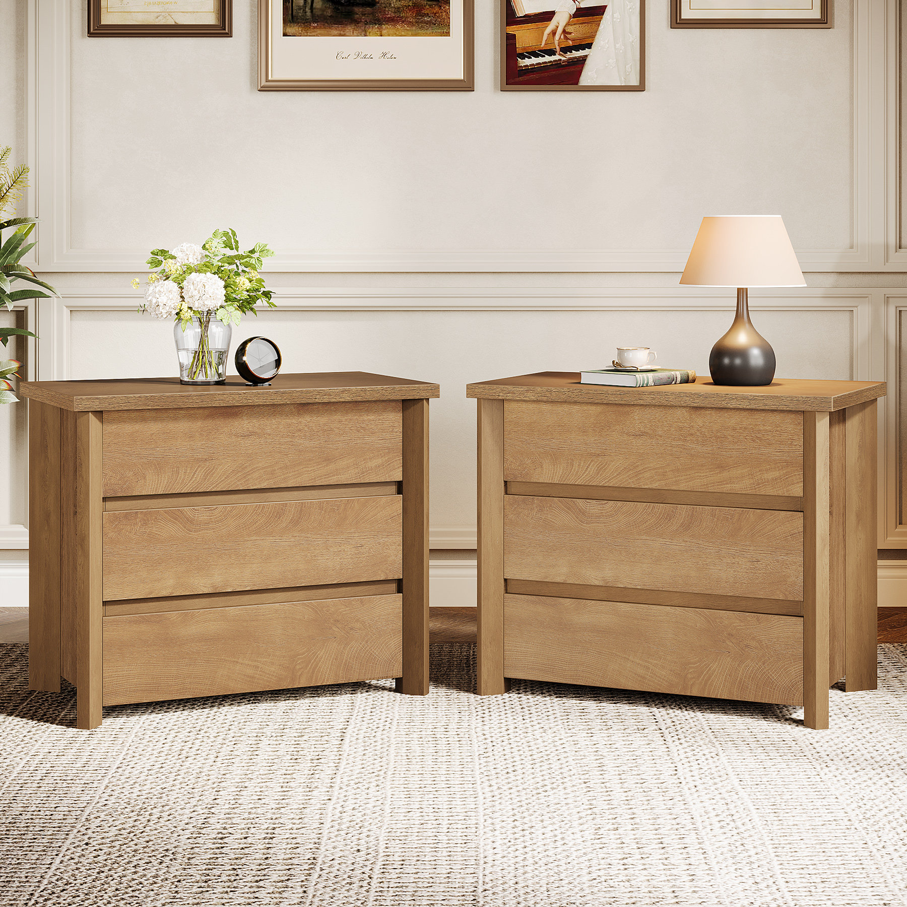 Latitude Run® Wood Nightstand with 3 Drawers, 32-Inch Wide