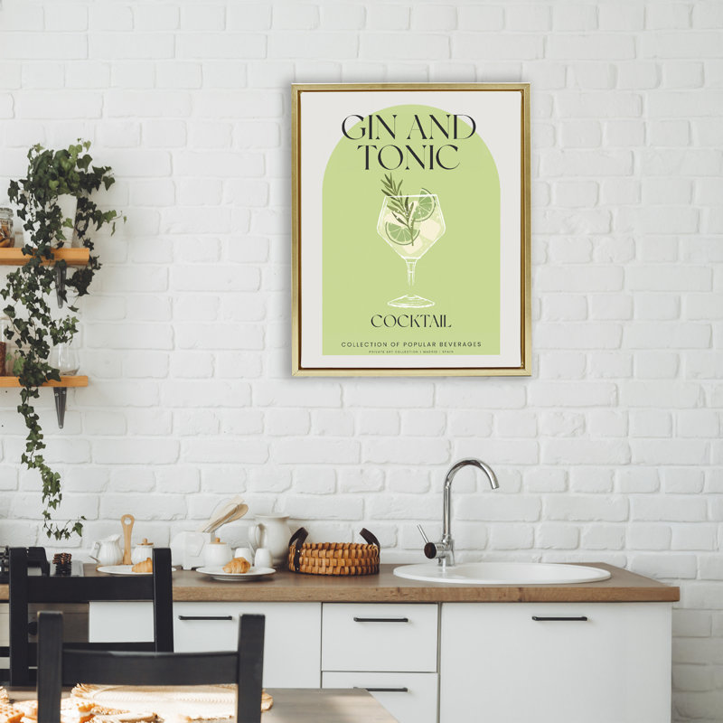 Élégant cadre flottant rétro gin et tonique, design par Lil 'Rue, H 21 po x l 17 po, Cadre flottant métallique doré