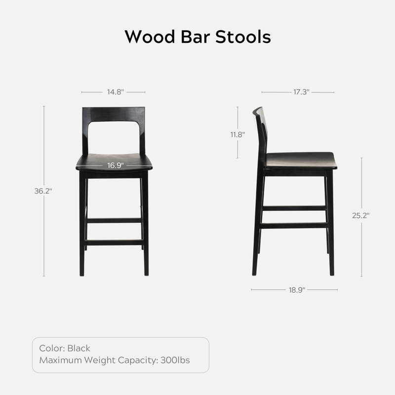Tabouret de comptoir en bois massif avec repose-pieds, Noir