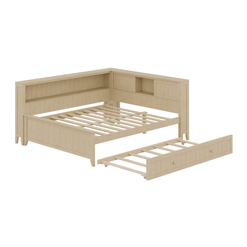 Lit de jour en bois avec tablettes de rangement et lit gigogne