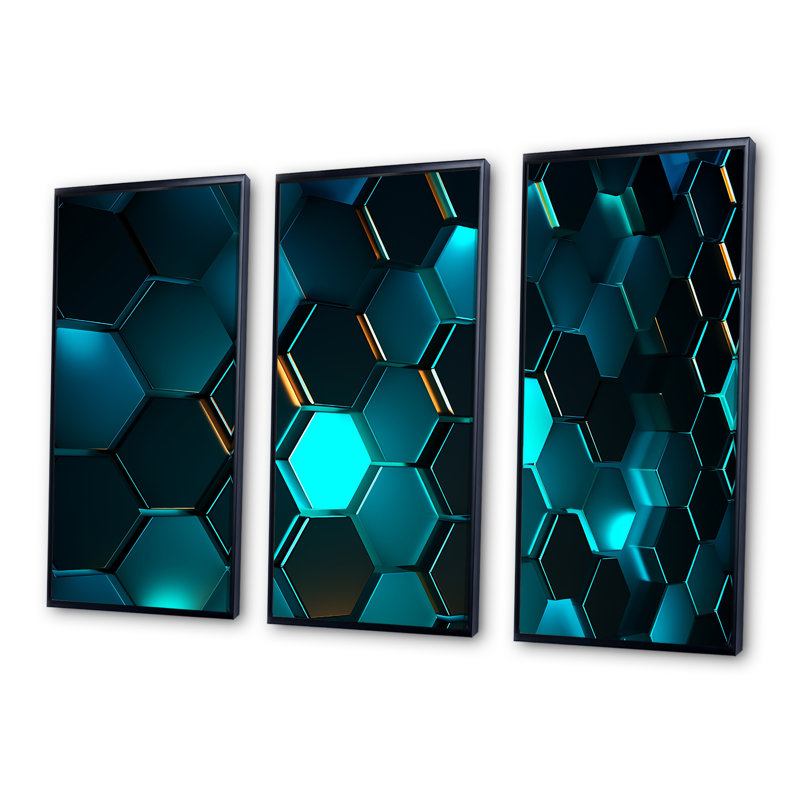 Hexagone turquoise - ensemble de salon géométrique, Cadre flottant noir, H 28 po x l 36 po x P 1 po