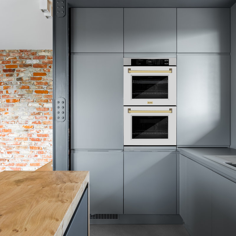ZLINE 30 in. Autograph Double Wall Oven w/ Air Fry and White Doors w/ Gold Handles, Polished Gold