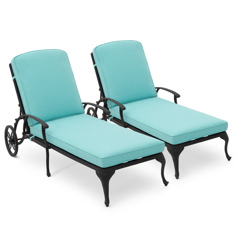 Outdoor Patio Cast Aluminum Chaise Loungers Set With Beige Cushion, Bleu sarcelle