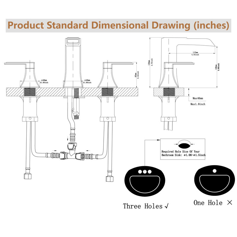 Robinet de salle de bain pour lavabo à 3 trous en nickel et or 8 pouces avec évier escamotable et robinet à poignée double Robinet de meuble-lavabo avec robinet