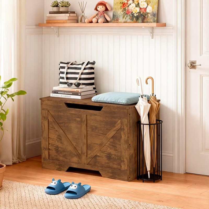 Banc de rangement en bois de 29,5 po avec coffre de rangement en bois rétro pouvant supporter un banc à chaussures de 300 lb avec 2 charnières de sécurité