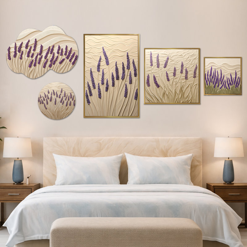 Lavender Whispers of Provence – Extra Large Floral Wall Decor, 5 Piece Framed Canvas and Metal Wall Art Set (100" x 40")