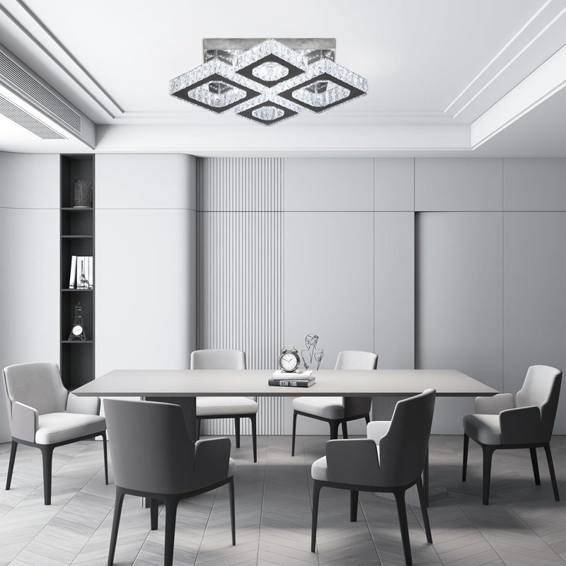 22" Square Crystal Chandelier Modern Crystal Ceiling Light 4 Lights Led Flush Mount Ceiling Light For Living Room Bedroom Kitchen (Dimmable)