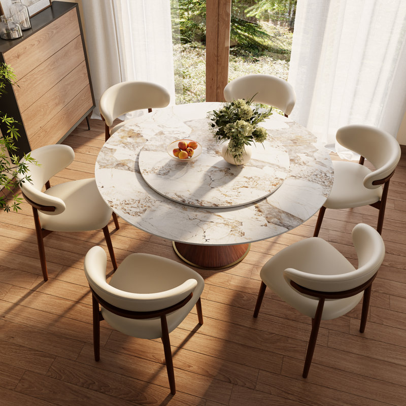 Round Dining Elegant Sintered Stone Table Set With Rotating Lazy Susan And 6 Upholstered PU Chairs For 4-8, Brown