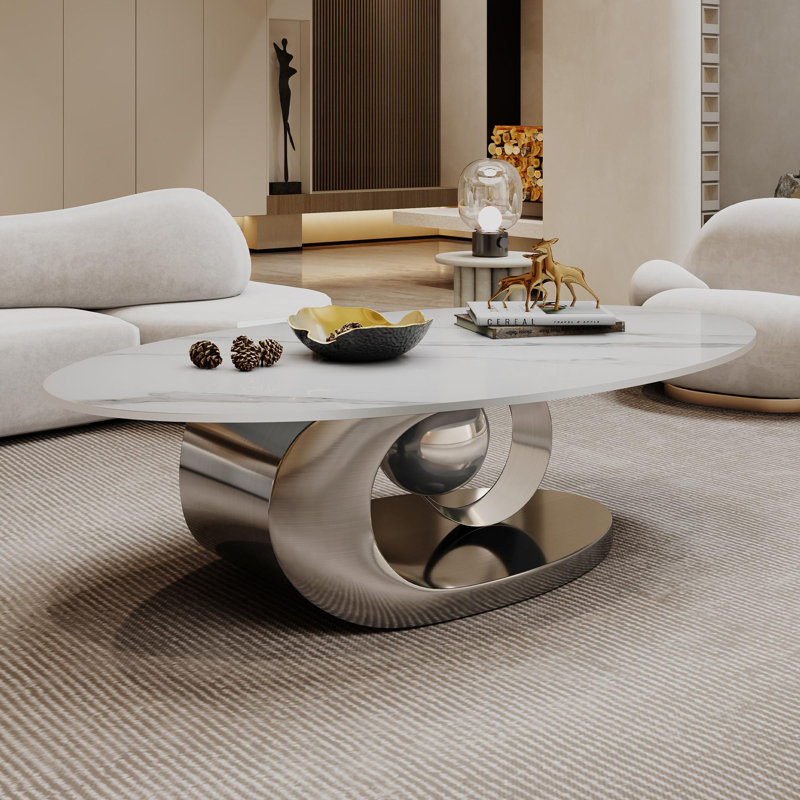 Table basse ovale en faux marbre, Argent argent