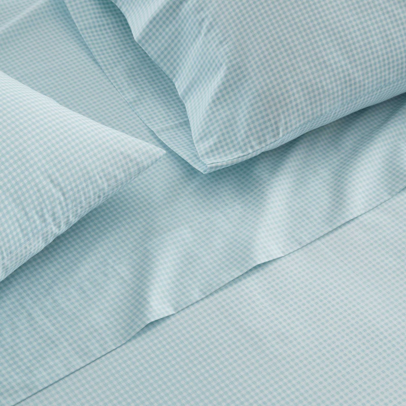 Martha Stewart Small Gingham Cotton Percale Blue Sheet Set, Blue Gingham, Queen Sheet Set with 2 Pillowcases