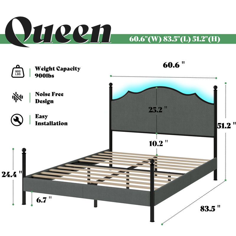 Lark Manor Upholstered Bed Frame With 51.2" Tall Headboard, Metal Four Poster/LED/Easy Assembly, Queen, Dark Gray