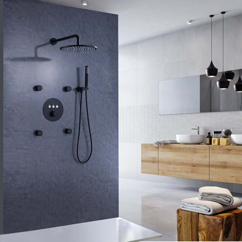 Système de douche mural multifonctionnel avec jets de corps et valve brute, Noir mat